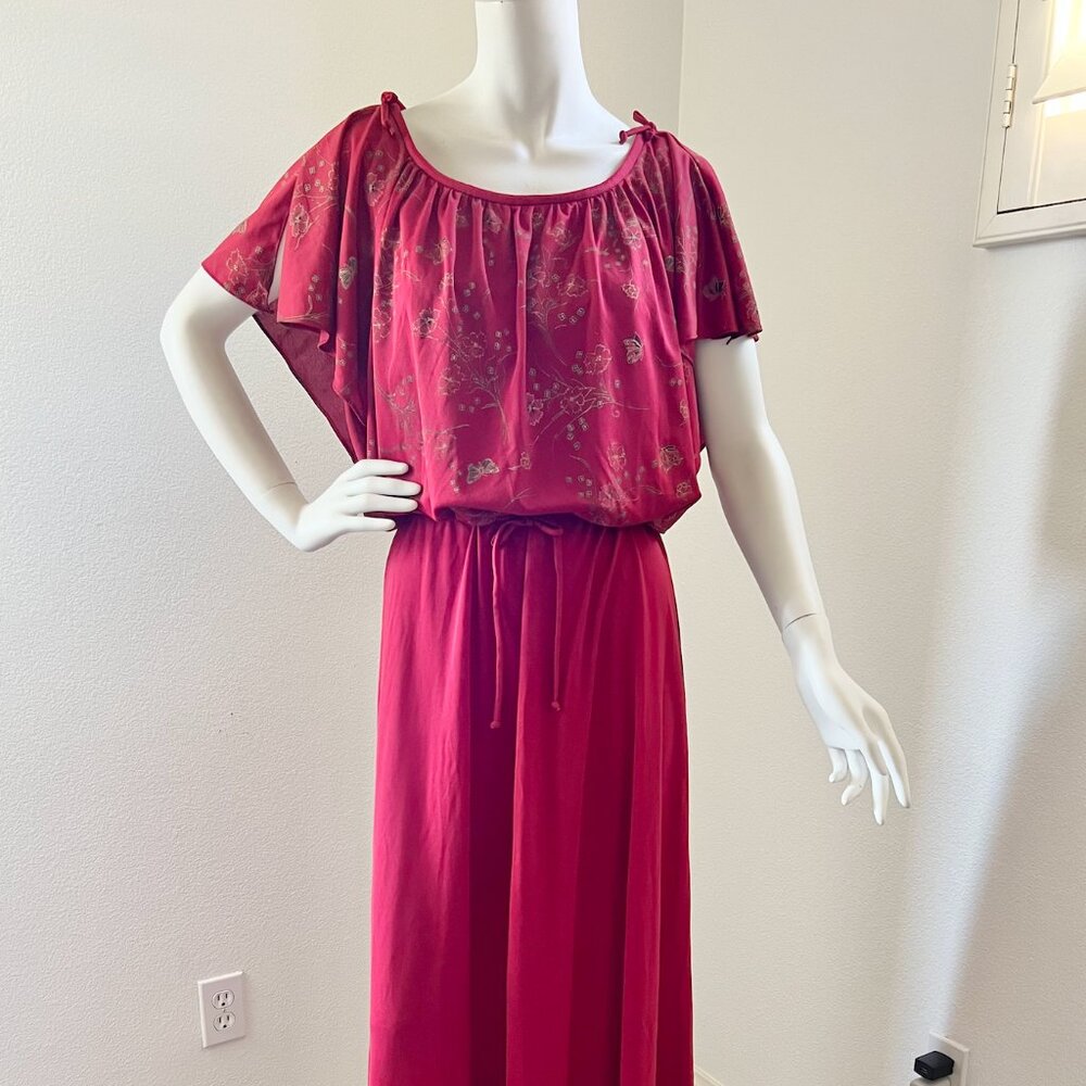 vintage 70s solid maroon dress 1970s flutter sleeves maxi disco dress Size Med